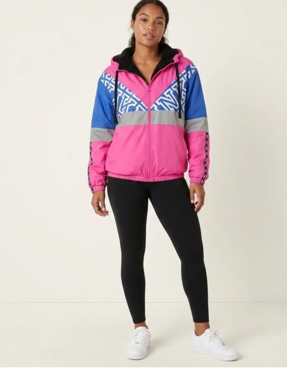 PINK Victoria's Secret Hot Pink/ Blue Hooded Windbreaker Jacket M/L